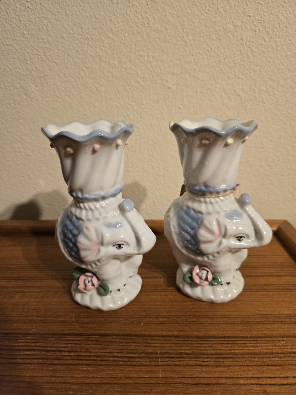 Porcelain Elephant Bud Vases in White and Pastel Blue - Set of 2